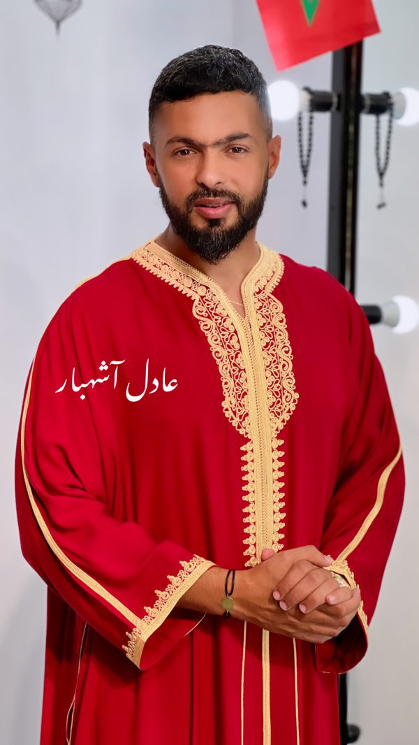 Gandoura homme en tissu melifa khayt Rouge et couture en doré