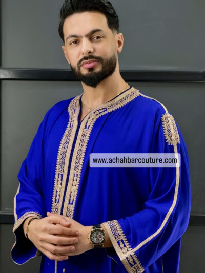 Gandoura homme en tissu  khayt Bleu et couture  marron glacé