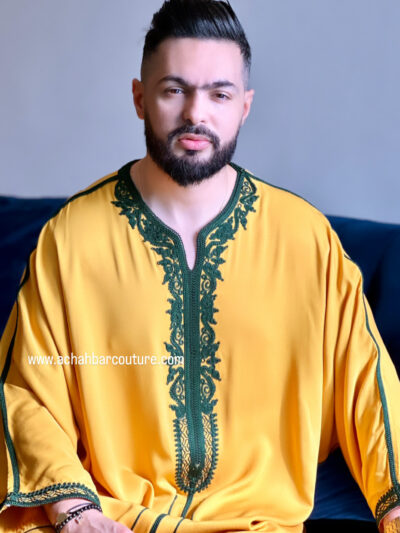 Gandoura Homme En Tissu  Khayt Moutarde Et Couture vert