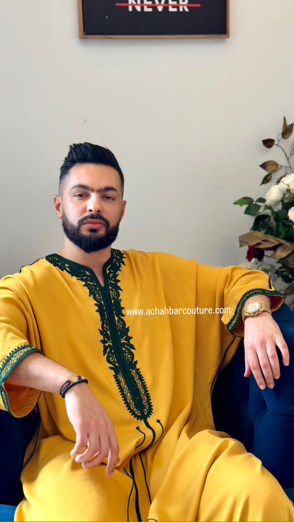 Gandoura Homme En Tissu  Khayt Moutarde Et Couture vert