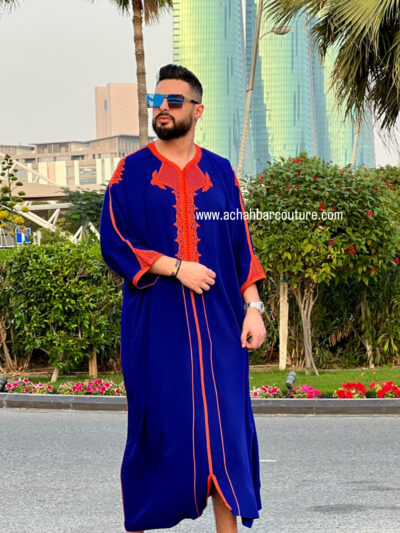 Gandoura homme en tissu melifa khayt Bleu roi  et couture orange
