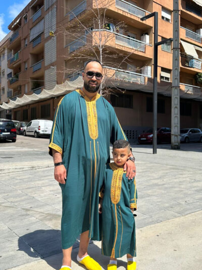 Gandoura Homme En Tissu Melifa Khayt Vert canard Et Couture moutarde