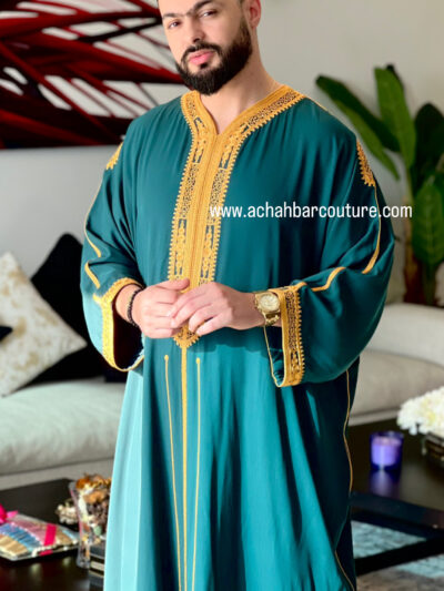 Gandoura Homme En Tissu Melifa Khayt Vert canard Et Couture moutarde
