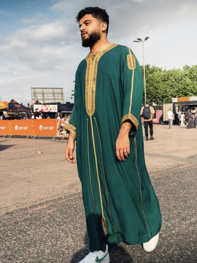 Gandoura Homme En Tissu Melifa Khayt Vert canard Et Couture moutarde