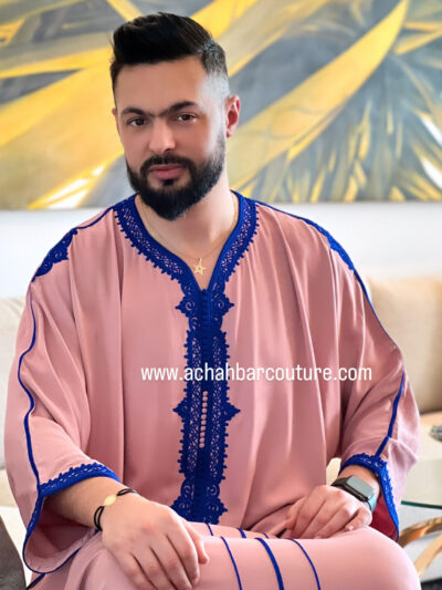 Gandoura Homme En Tissu Melifa Khayt Cacher Et Couture Bleu