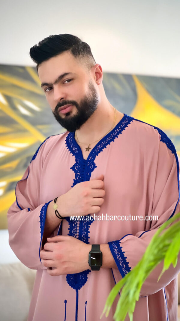 Gandoura Homme En Tissu Melifa Khayt Cacher Et Couture Bleu