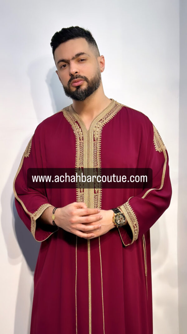 Gandoura Homme En Tissu Melifa khayt grenat Et Couture en camel
