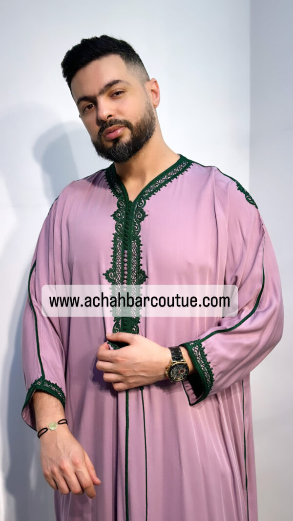 Gandoura Homme En Tissu Melifa khayt rose  Et couture vert