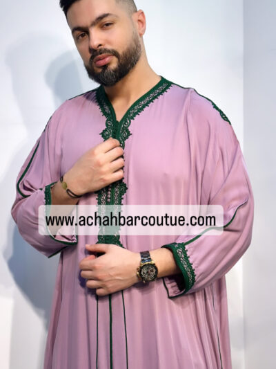 Gandoura Homme En Tissu Melifa khayt rose  Et couture vert